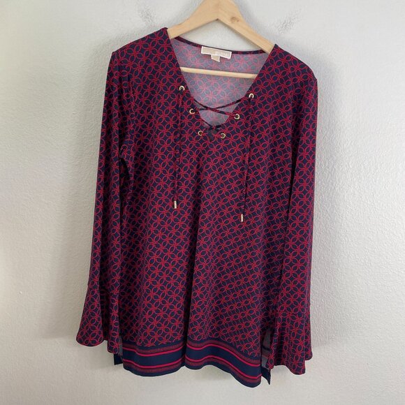 Michael Kors Womens Large Long Sleeve Stretch Top Red Rope Print V Neck Blouse - Picture 6 of 11